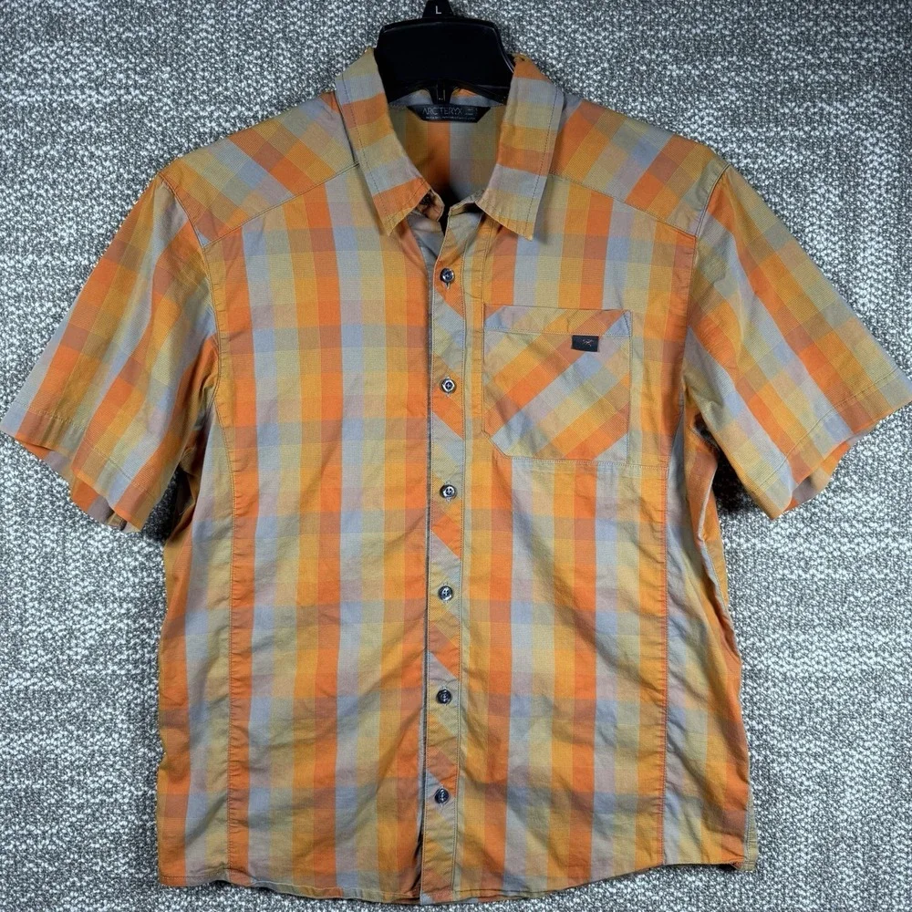 Arcteryx Shirt Mens‎ Small Orange Plaid Peakline Short Sleeve Button Up Outdoor - Picture 2 of 8